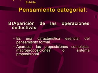 Zubiría

Pensamiento categorial:
B)Aparición de
deductivas

las

operaciones

– Es una característica esencial del
pensamiento formal.
– Aparecen las proposiciones complejas,
macroproposiciones
o
sistema
proposicional.

 