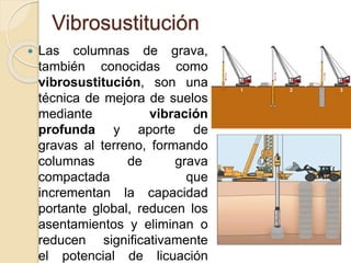 Vibrosustitución
 Las columnas de grava,
también conocidas como
vibrosustitución, son una
técnica de mejora de suelos
mediante vibración
profunda y aporte de
gravas al terreno, formando
columnas de grava
compactada que
incrementan la capacidad
portante global, reducen los
asentamientos y eliminan o
reducen significativamente
el potencial de licuación
 