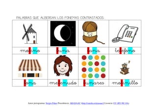 PALABRAS QUE ALBERGAN LOS FONEMAS CONTRASTADOS:




 molino                            luna                            lana                        teléfono



   lona                     melenudo                           lunares                      molinillo

      Autor pictogramas: Sergio Palao Procedencia: ARASAAC (http://catedu.es/arasaac/) Licencia: CC (BY-NC-SA)
 