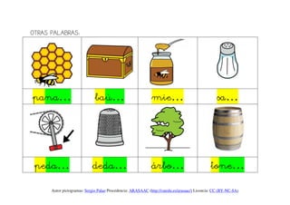 OTRAS PALABRAS:




pana…                         baú…                           mie…                                 sa…




 peda…                      deda…                            árbo…                            tone…
      Autor pictogramas: Sergio Palao Procedencia: ARASAAC (http://catedu.es/arasaac/) Licencia: CC (BY-NC-SA)
 