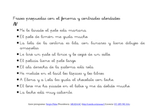 Frases propuestas con el fonema y contrastes abordados:
/l/
  • Me le lavado el pelo esta mañana.
  • El polo de limón me gusta mucho.
  • La tela de la cortina es lila, con lunares y tiene dibujos de
    amapolas.
  • Le tiró un palo al lince y lo cogió de un salto.
  • El policía tiene el pelo largo.
  • El ala derecha de la paloma está rota.
  • He metido en el baúl los lápices y los libros.
  • A Elena y a Lola les gusta el chocolate con leche.
  • El loro me ha picado en el labio y me da dolido mucho.
  • La leche está muy caliente.

       Autor pictogramas: Sergio Palao Procedencia: ARASAAC (http://catedu.es/arasaac/) Licencia: CC (BY-NC-SA)
 