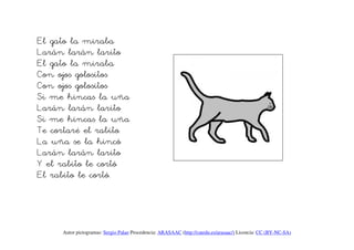 El gato la miraba
Larán larán larito
El gato la miraba
Con ojos golositos
Con ojos golositos
Si me hincas la uña
Larán larán larito
Si me hincas la uña
Te cortaré el rabito.
La uña se la hincó
Larán larán larito
Y el rabito le cortó
El rabito le cortó.




     Autor pictogramas: Sergio Palao Procedencia: ARASAAC (http://catedu.es/arasaac/) Licencia: CC (BY-NC-SA)
 