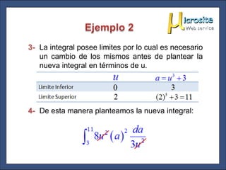 3- La integral posee limites por lo cual es necesario
   un cambio de los mismos antes de plantear la
   nueva integral en términos de u.




4- De esta manera planteamos la nueva integral:
 