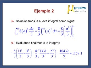 5- Solucionamos la nueva integral como sigue:




6- Evaluando finalmente la integral:
 