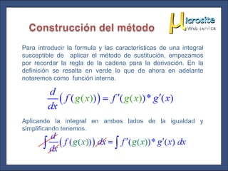 Para introducir la formula y las características de una integral
susceptible de aplicar el método de sustitución, empezamos
por recordar la regla de la cadena para la derivación. En la
definición se resalta en verde lo que de ahora en adelante
notaremos como función interna.




Aplicando la integral en ambos lados de la igualdad y
simplificando tenemos.
 