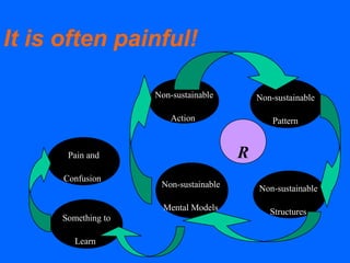 It is often painful!
Non-sustainable
Action
Non-sustainable
Pattern
Non-sustainable
Structures
Non-sustainable
Mental Models
R
Something to
Learn
Pain and
Confusion
 