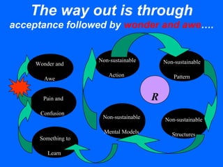 The way out is through
acceptance followed by wonder and awe….
Non-sustainable
Action
Non-sustainable
Pattern
Non-sustainable
Structures
Non-sustainable
Mental Models
R
Something to
Learn
Pain and
Confusion
Wonder and
Awe
 