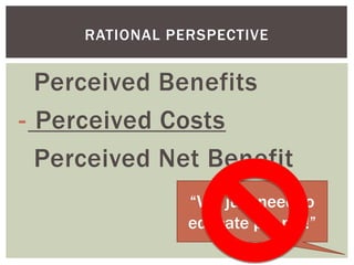 Perceived Benefits
- Perceived Costs
Perceived Net Benefit
RATIONAL PERSPECTIVE
“We just need to
educate people!”
 