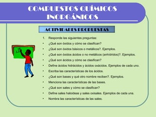 Responde las siguientes preguntas: ¿Qué son óxidos y cómo se clasifican? ¿Qué son óxidos básicos o metálicos?. Ejemplos. ¿Qué son óxidos ácidos o no metálicos (anhídridos)?. Ejemplos. ¿Qué son ácidos y cómo se clasifican? Define ácidos hidrácidos y ácidos oxácidos. Ejemplos de cada uno. Escriba las características de los ácidos. ¿Qué son bases y qué otro nombre reciben?. Ejemplos. Menciona las características de las bases. ¿Qué son sales y cómo se clasifican? Define sales haloideas y sales oxisales. Ejemplos de cada una. Nombra las características de las sales. COMPUESTOS QUÍMICOS INORGÁNICOS ACTIVIDADES PROPUESTAS 