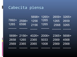 Cabecita piensa
7892+
1265
--------
2598+
6598
--------
5698+
1256
2156
-------
1265+
1265
1265
--------
2659+
1265
2568
---------
3265+
2659
3265
--------
5698+
2658
2569
--------
2156+
1265
2365
--------
4026+
2365
2065
--------
2006+
5033
1008
---------
2365+
2569
2569
--------
5698+
4568
2568
--------
 