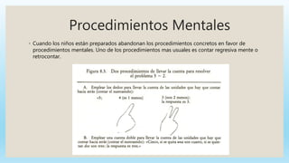 Procedimientos Mentales
◦ Cuando los niños están preparados abandonan los procedimientos concretos en favor de
procedimientos mentales. Uno de los procedimientos mas usuales es contar regresiva mente o
retrocontar.
 
