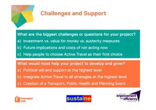 Challenges and Supportproject


What are the biggest challenges or questions for your project?
a) Investment vs. value for money vs. austerity measures
 )                              y             y
b) Future implications and costs of not acting now
c) Help people to choose Active Travel as their first choice

What would most help your project to develop and grow?
a) Political will and support at the highest level
b) Integrate Active Travel to all strategies at the highest level
c) Creation of a Transport, Public Health and Planning board
 