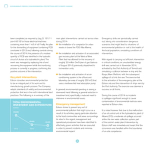 been completed, as required by Leg. D. 151/11
point 48 1B for those electrical machines
containing more than 1 m3 of oil. Finally, the plan
for the dismantling of equipment containing PCB
concluded in 2013 and, following controls during
the course of 2014, the presence of a modest
quantity of PCB was identified in the hydraulic
circuit of sluices at a hydroelectric plant. The
event was managed by replacing the oil and
recovering the equipment while the monitoring
process is currently in progress, confirming the
positive outcome of the intervention.
Key plant interventions
Edison considers environmental protection
to be an integral part of its work and its
manufacturing growth process. The Company
adopts standards of safety and environmental
protection that are in line with international best
practices. The following is a summary of the
main plant interventions carried out across sites
during 2014:
l 	the installation of a compactor for urban
waste on board the FSO Alba Marina;
l 	the installation and activation of an associated
gas recovery plant at the Maria a Mare
Plant that has allowed for the recovery of
roughly 3.9 million Sm3/year of gas (data as
of August 2014), previously dispatched to
incineration units;
l 	the installation and activation of an air-
conditioning system in the offices and
laboratory (an area of roughly 250 m2) that
uses a methane-fed heat absorption pump.
In general, environmental spending is seeing a
downward trend following a general reduction in
investment and, specifically, a reduced need to
intervene in environmental issues.
Emergency management
Edison strives to prevent any sort of
environmental pollution that might occur as a
result of its activities, paying particular attention
to the local communities and areas surroundings
its sites. In this regard, management and
operational procedures have been identified to
effectively govern activities that are executed
in order to prevent incidents and minimise
environmental impact.
Emergency drills are periodically carried
out, taking into consideration dangerous
scenarios that might lead to situations of
environmental pollution or risk to the health of
the local population, simulating conditions of
intervention.
With regard to carrying out efficient intervention
in critical conditions, an unscheduled energy
drill was carried out in November 2014,
activated by the Port Authority of Termoli and
simulating a collision between a ship and the
Rospo Mare Platform, with the subsequent
spillage of oil into the sea. The exercise led
to the activation of the emergency plan at the
Edison site and the intervention of ships sent by
the Port Authority. The exercise was deemed a
success on all fronts.
During the course of 2014 no incidents
or spillages significant enough to cause
contamination of environmental matrices were
reported at Edison sites.
It is noted however that, due to the malfunction
of an oil control unit at the hydroelectric plant of
Albano (CO), a moderate oil spillage occurred
within the rain water collection system, part
of the centre's water plant. Intervention by
Edison staff was immediate and meant that the
occurrence was handled within the boundaries
of on-site competence.
TOTAL ENVIRONMENTAL
INVESTMENT AND EXPENDITURE
(€/000)
2012 2013 2014
100,584
46,600 42,329
SUSTAINABLE ENERGY, ENVIRONMENTAL PROTECTION AND CLIMATE CHANGE
44
 