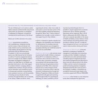 RESPONSIBILITY TOWARDS PEOPLE AND LOCAL COMMUNITIES
72
The aim of Edison per te is to achieve a better
balance between professional life and personal
needs which can guarantee an overall level
of well-being for employees, to benefit the
individual and the performance of the Group.
Edison per te offers services in four areas:
Family, guaranteeing consultations
with a paediatrician, residential and day
summer camps in Italy and abroad, and
study initiatives such as school loans and
study holidays abroad (thanks to the long
partnership with the AFS Intercultura
Foundation, in 2014 two annual study
grants were fully financed by the Company
as well as 12 summer programmes lasting
from 4 to 6 weeks for the children of Italian,
Norwegian and Egyptian employees). In
addition, the Help Desk for the Elderly was
launched which aims to offer initial support
for problems linked to managing elderly or
disabled family members, through seminars
and an information and consultancy service
on bureaucratic practices, nursing facilities,
home assistance services, with the possibility
of booking services directly for family
members through the Edison per te channels.
In the offices in Milan and Rome, where
organising the family is often more costly, for
some years a service has been active to find
and make available professional babysitters:
through the “Buoni Tata” (“nanny coupons”)
employees have annually a certain number of
free support hours for their children.
In 2014, in response to specific requests from
colleagues, new possibilities were introduced
for reimbursement of schooling costs and
similar reimbursements were envisaged for
youngsters attending non-residential camps for
those who live outside Milan.
Health and Well-being, with services aimed
at protecting the health of Edison employees.
During 2014, for employees at offices, in
conjunction with a network of clinics close
to various sites, a prevention campaign
was proposed with dermatological visits,
dental check-ups and general prevention,
employees at the Milan office underwent
postural and or endocrinological check-
ups. As part of prevention there is also the
promotion of physical activity, through the
Wellness Programme in Milan and thanks
to agreements with gyms and swimming
pools throughout Italy. For psychological
well-being, an online consultancy service
has been launched through which it is
possible to request support from an external
professional, with an absolute guarantee
that privacy will be respected. Also in 2014
Edison collaborated with AVIS in Milan and
with some corporate specialists on the issues
of Health and Safety at work, thanks to which
various seminars and training sessions were
provided on offering “first aid” in small and
major emergencies at home or at work and on
ways to improve posture during work hours.
Tempo per te (Time for you) is the area
dedicated to employees to facilitate the
management of particularly time-consuming
everyday activities. Available to employees
at all locations are online and phone-based
consulting support for legal and tax issues
and numerous programmes and discounts for
leisure time and cultural events. In the offices
in Milan a service is active for bureaucratic,
postal and banking practices managed by
dedicated personnel with a pick-up point in
the Company. In addition, contributions are
provided for home-work travel, thanks to the
conventions signed with ATM and TRENORD.
Purchases, which thanks to a new interactive
portal offers employees the opportunity
EDISON PER TE: THE PROGRAMME TO RECONCILE LIFE AND WORK
 