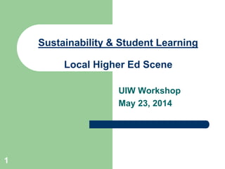 1
Sustainability & Student Learning
Local Higher Ed Scene
UIW Workshop
May 23, 2014
 