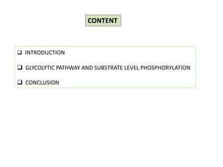 CONTENT
 INTRODUCTION
 GLYCOLYTIC PATHWAY AND SUBSTRATE LEVEL PHOSPHORYLATION
 CONCLUSION
 