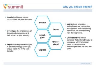Preliminary ProgramWhy you should attend?
Under-
stand
Investi-
gate
Explore
Learn
Locate
▪ Locate the biggest market
opportunities for your business
▪ Investigate the implications of
disruptive technologies and
their impact to your industry
▪ Explore the key breakthroughs
in each technology space you
should watch for in the next
decade.
▪ Learn where emerging
technologies are converging
and apply an inter-disciplinary
framework for understanding
new developments.
▪ Understand the critical
concepts that will enable you to
keep pace with the biggest
ideas in transformative
technologies over the next few
years.
 