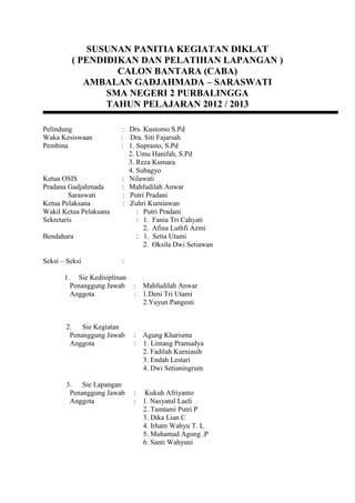 SUSUNAN PANITIA KEGIATAN DIKLAT 
( PENDIDIKAN DAN PELATIHAN LAPANGAN ) 
CALON BANTARA (CABA) 
AMBALAN GADJAHMADA – SARASWATI 
SMA NEGERI 2 PURBALINGGA 
TAHUN PELAJARAN 2012 / 2013 
Pelindung : Drs. Kustomo S.Pd 
Waka Kesiswaan : Dra. Siti Fajarsah 
Pembina : 1. Suprasto, S.Pd 
2. Umu Hanifah, S.Pd 
3. Reza Kumara 
4. Subagyo 
Ketua OSIS : Nilawati 
Pradana Gadjahmada : Mahfudilah Anwar 
Saraswati : Putri Pradani 
Ketua Pelaksana : Zuhri Kurniawan 
Wakil Ketua Pelaksana : Putri Pradani 
Sekretaris : 1. Fania Tri Cahyati 
2. Afina Luthfi Azmi 
Bendahara : 1. Setia Utami 
2. Oksila Dwi Setiawan 
Seksi – Seksi : 
1. Sie Kedisiplinan 
Penanggung Jawab : Mahfudilah Anwar 
Anggota : 1.Deni Tri Utami 
2.Yuyun Pangesti 
2. Sie Kegiatan 
Penanggung Jawab : Agung Kharisma 
Anggota : 1. Lintang Pramudya 
2. Fadilah Kurniasih 
3. Endah Lestari 
4. Dwi Setianingrum 
3. Sie Lapangan 
Penanggung Jawab : Kukuh Afriyanto 
Anggota : 1. Nasyatul Laeli 
2. Tamtami Putri P 
3. Dika Lian C 
4. Irham Wahyu T. L 
5. Muhamad Agung .P 
6. Santi Wahyuni 
 