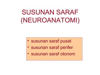 SUSUNAN SARAF
(NEUROANATOMI)

 • susunan saraf pusat
 • susunan saraf perifer
 • susunan saraf otonom
 