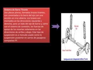 Sistema de Barra Tirante
Dos placas planas,estabilizadora tirantes,
             Barra llamadas brazos
son conectadas a la barra del eje con una
sección en cruz abierta. Los brazos son
montados en las direcciones izquierda y
derecha, para un lado del eje de barra y, como
con el sistema de conexión, las fuerzas de
apoyo de los resortes solamente en las
direcciones de arriba y abajo. Este tipo de
suspensión es a menudo usado como la
suspensión posterior en carros de pasajeros
compactos FF.
 