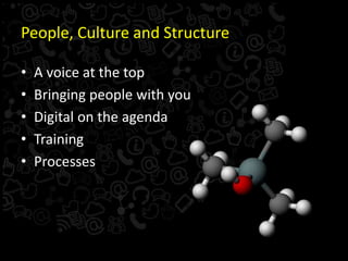 People, Culture and Structure
• A voice at the top
• Bringing people with you
• Digital on the agenda
• Training
• Process...