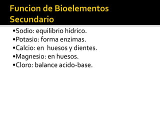 •Sodio: equilibrio hídrico.
•Potasio: forma enzimas.
•Calcio: en huesos y dientes.
•Magnesio: en huesos.
•Cloro: balance acido-base.
 