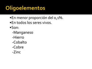 •En menor proporción del 0,1%.
•En todos los seres vivos.
•Son:
-Manganeso
-Hierro
-Cobalto
-Cobre
-Zinc
 