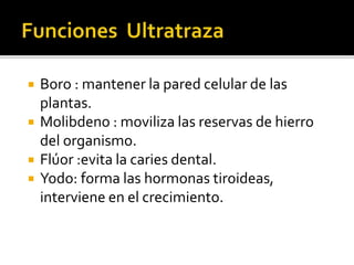  Boro : mantener la pared celular de las
plantas.
 Molibdeno : moviliza las reservas de hierro
del organismo.
 Flúor :evita la caries dental.
 Yodo: forma las hormonas tiroideas,
interviene en el crecimiento.
 