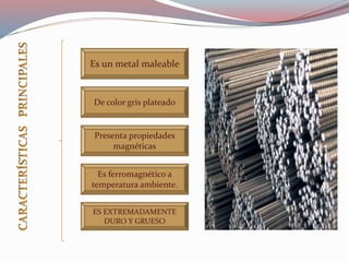 Es un metal maleable
De color gris plateado
Presenta propiedades
magnéticas
Es ferromagnético a
temperatura ambiente.
ES EXTREMADAMENTE
DURO Y GRUESO
 