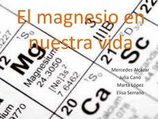 El magnesio en
nuestra vida
Mercedes Alcázar
Julia Cano
Marta López
Elisa Serrano
 