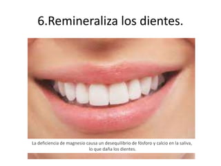 6.Remineraliza los dientes.
La deficiencia de magnesio causa un desequilibrio de fósforo y calcio en la saliva,
lo que daña los dientes.
 