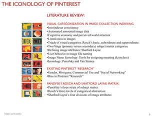 THE ICONOLOGY OF PINTEREST
TAMI SUTCLIFFE 8
LITERATURE REVIEW:
VISUAL CATEGORIZATION IN IMAGE COLLECTION INDEXING
•Interin...