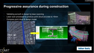 • Validating as-built vs design by laser scanning
• Laser scan processed to produce point cloud accurate to <5mm
• Compare point cloud & design model
26
Progressive assurance during construction
 