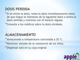 DOSIS PERDIDA
*Si se omite la dosis, tome la dosis inmediatamente antes
de que llegue el momento de la siguiente dosis o omita la
dosis omitida y continúe con el horario regular.
*Consulte a los médicos sobre la dosis olvidada.
ALMACENAMIENTO
*Almacenado a temperatura controlada a 25 ℃
*Mantener alejado de la resistencia de los niños.
*Dispensar solo en su caja original
 