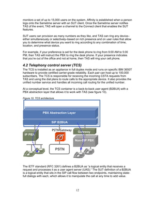 monitors a set of up to 15,000 users on the system. Affinity is established when a person
logs onto the Sametime server with an SUT client. Once the Sametime server notifies
TAS of the event, TAS will open a channel to the Connect client that enables the SUT
features.

SUT users can provision as many numbers as they like, and TAS can ring any device–
either simultaneously or selectively–based on rich presence and on user rules that allow
you to determine what device you want to ring according to any combination of time,
location, and presence status.

For example, if your preference is set for the desk phone to ring from 9:00 AM to 5:00
PM, then TAS will instruct the PBX to ring the desk phone. If your presence indicates
that you’re out of the office and not at home, then TAS will ring your cell phone.

4.2 Telephony control server (TCS)
The TCS is installed as an appliance in full duplex mode and runs on specific IBM 3650T
hardware to provide certified carrier-grade reliability. Each pair can host up to 100,000
subscribers. The TCS is responsible for receiving the incoming CSTA requests from
TAS and using the dial plans to route calls to the appropriate device. It also provides the
unified number service and handles all incoming call routing for the unified number.

At a conceptual level, the TCS container is a back-to-back user agent (B2BUA) with a
PBX abstraction layer that allows it to work with TAS (see figure 10).

Figure 10. TCS architecture




                 PBX Abstraction Layer


                        SIP B2BUA

                         PSTN Gateway
                                              Gateway
 IP PBX
                                            Non-SIP PBX

                              PSTN



The IETF standard (RFC 3261) defines a B2BUA as “a logical entity that receives a
request and processes it as a user agent server (UAS).“ The SUT definition of a B2BUA
is a logical entity that sits in the SIP call flow between two endpoints, maintaining state-
full dialogs with each, which allows it to manipulate the call at any time to add value.




                                             12
 