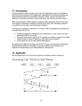11 Conclusion
Unifying telephone communications with real-time collaboration tools and integrating
these new communications and collaboration capabilities into business processes can
help enterprises build more competitive business models, improve the speed and
efficiency of business processes, reduce cycle times, and improve customer service.

IBM Lotus Sametime Unified Telephony software helps enterprises extract more value
from existing investments in telephony infrastructure (both VoIP and legacy systems)
and unified communication and collaboration solutions.

The value of a customer’s investment in a vendor’s PBX is expanded via leveraging and
interoperating with SUT by:

   •   simplifying integration of telephony and collaboration in multi-vendor and multi-
       generation PBX environments
   •   improving the business case for an IP upgrade by enabling a staged “non-forklift”
       migration path to newer IP telephony and unified communications
   •   encouraging the use of under-utilized PBX features

By explaining the IBM UC2 strategy and the SUT product, we hope that you will better
understand the benefits of using SUT to provide a unified communications user
experience that leverages your existing telephony infrastructure.


12 Appendix
SIP flow diagrams for the inbound and outbound call flows covered in Section 6.


Incoming Call: PSTN to Soft Phone
              Sametime                     SUT                        SUT                      PSTN                      PSTN
                Client                     TAS                        TCS                     Gateway                    Phone

                                                                                                        Dial Unified Number

                                                                               INVITE (Offer SDP)

                                                    Incoming Call Alert   100 TRYING

                         Incoming Call Alert                              183 Sess Prog (Ring SDP)




                   Accept Call                                                    RING BACK

                                               Accept Call

                                                   INVITE (Offer SDP)

                         INVITE (Offer SDP)

                   100 TRYING

                   180 RINGING                 100 TRYING

                   200 OK (Answ er SDP)        180 RINGING

                                               200 OK (Answ er SDP)       180 RINGING

                                                                  ACK     200 OK (Answ er SDP)

                                       ACK                                                   ACK


                                                       VOICE




                                                                          29
 