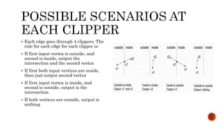  Each edge goes through 4 clippers. The
rule for each edge for each clipper is:
 If first input vertex is outside, and
second is inside, output the
intersection and the second vertex
 If first both input vertices are inside,
then just output second vertex
 If first input vertex is inside, and
second is outside, output is the
intersection
 If both vertices are outside, output is
nothing
 