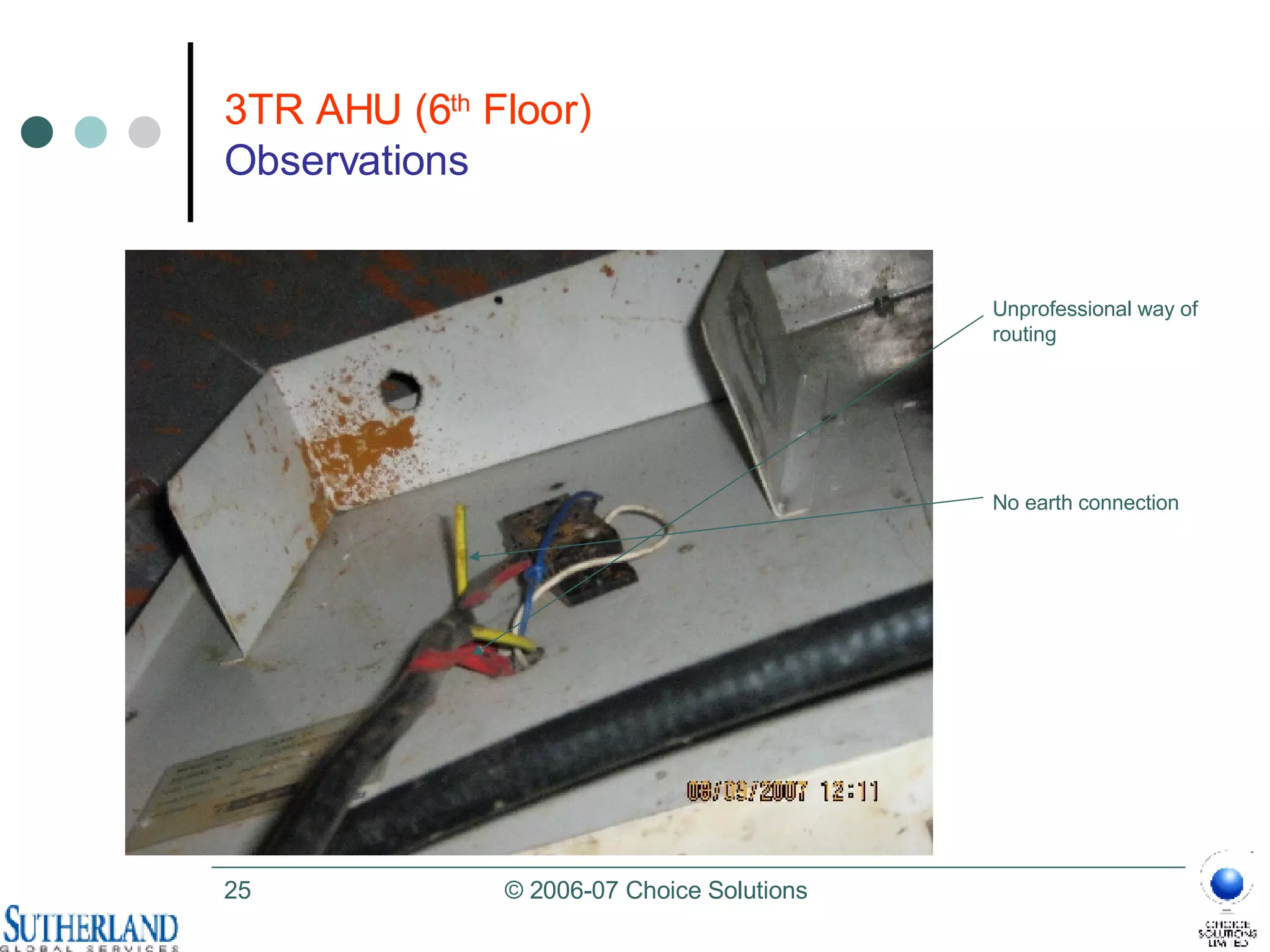 3TR AHU (6 th  Floor)   Observations Unprofessional way of routing No earth connection  