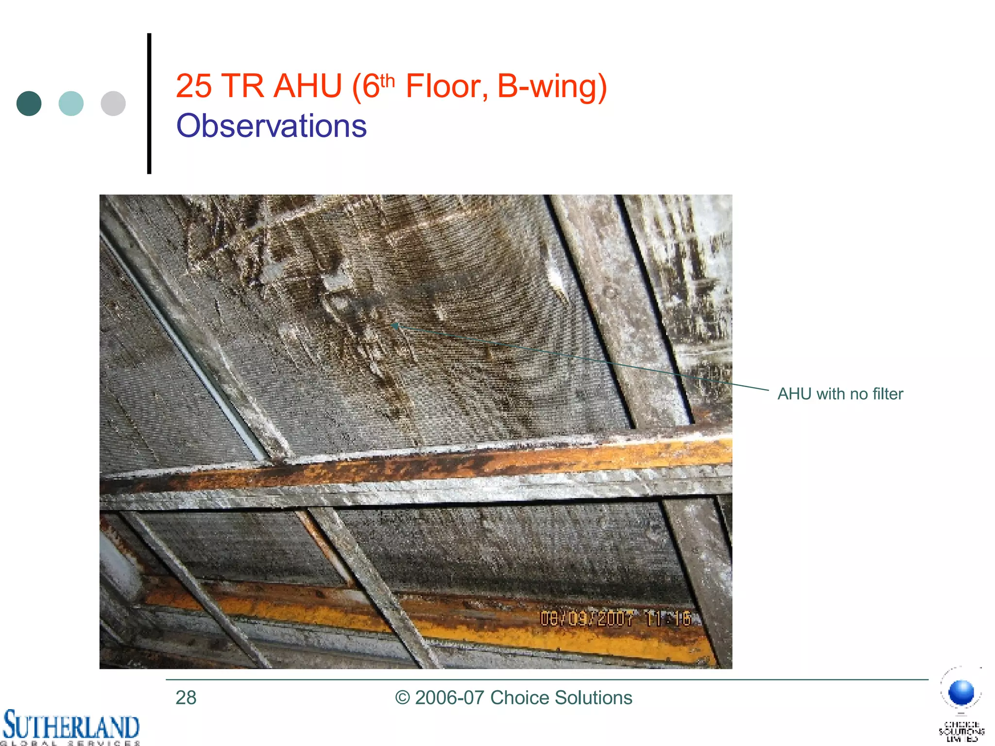 25 TR AHU (6 th  Floor, B-wing)  Observations AHU with no filter  