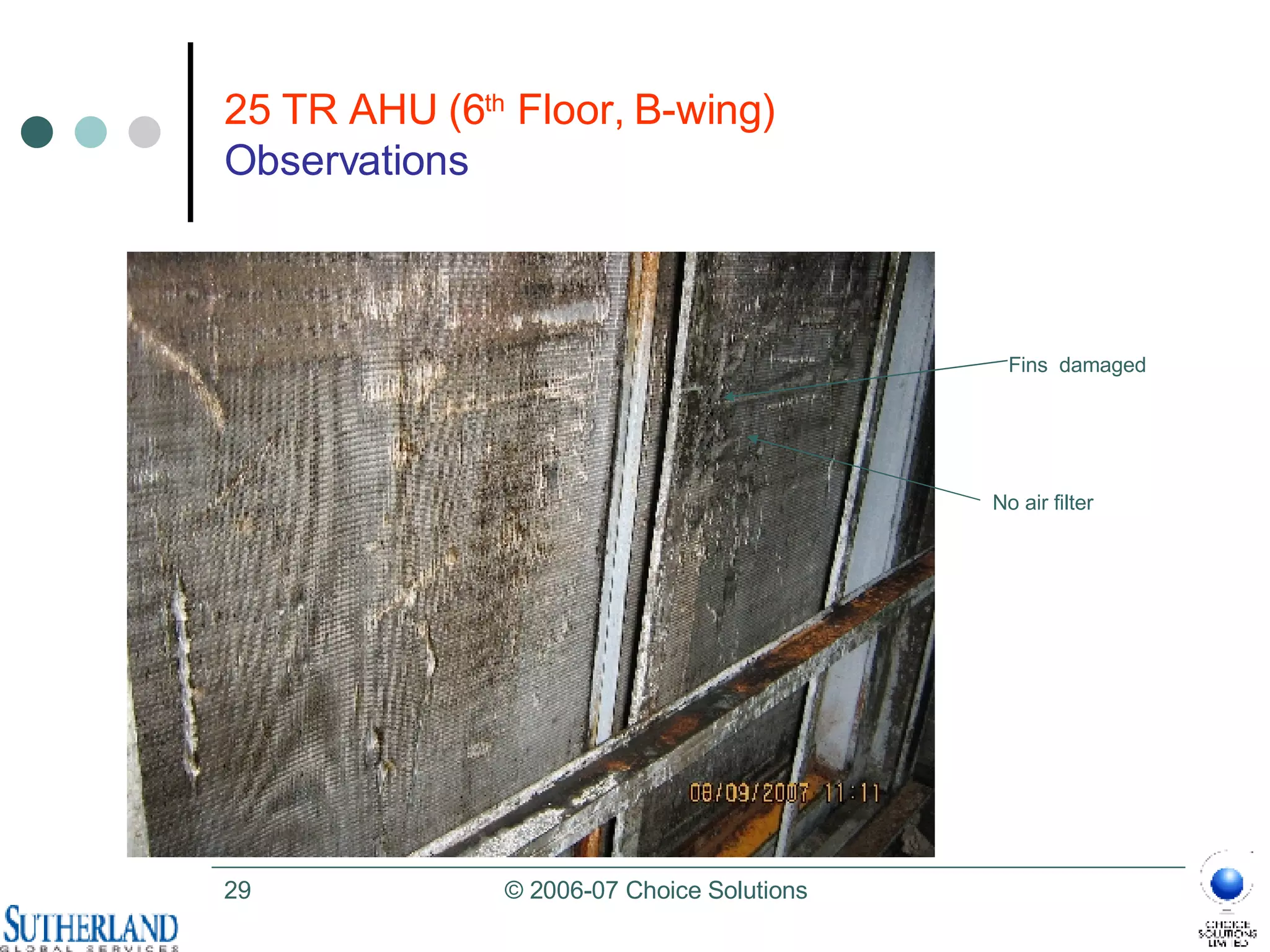No air filter  25 TR AHU (6 th  Floor, B-wing)  Observations Fins  damaged 