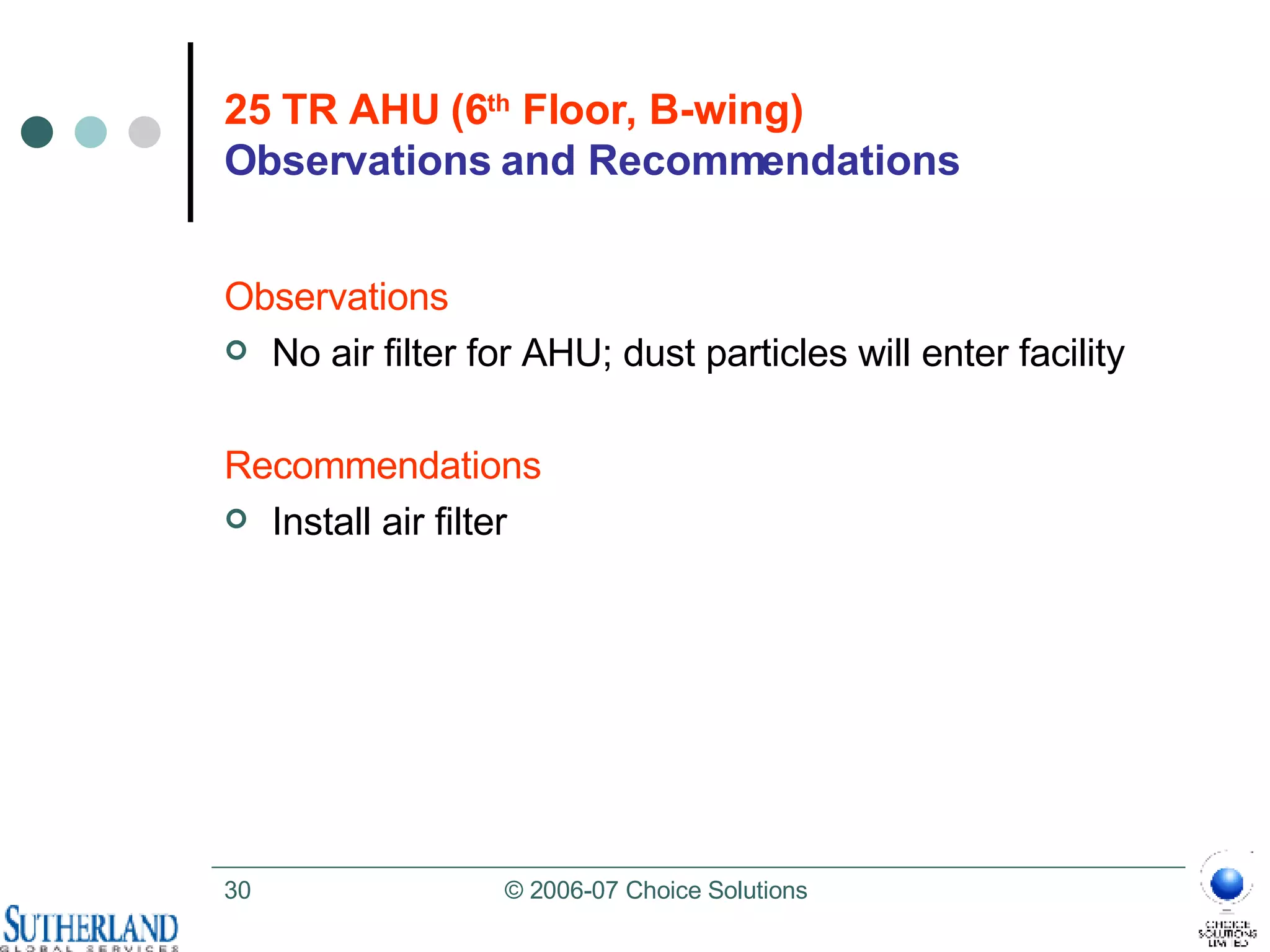 25 TR AHU (6 th  Floor, B-wing) Observations and Recommendations Observations No air filter for AHU; dust particles will enter facility Recommendations Install air filter 