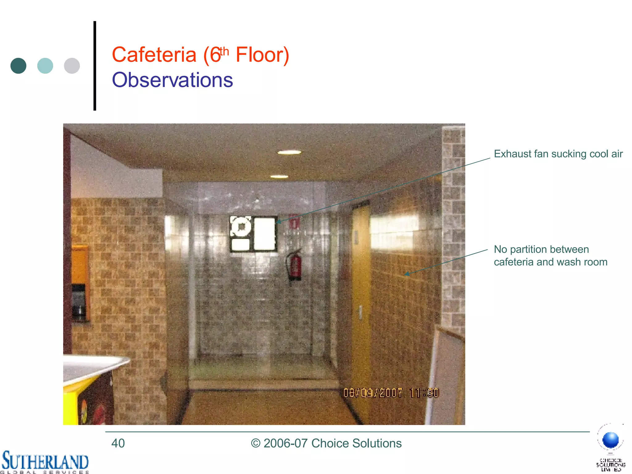 Cafeteria (6 th  Floor) Observations No partition between cafeteria and wash room Exhaust fan sucking cool air 