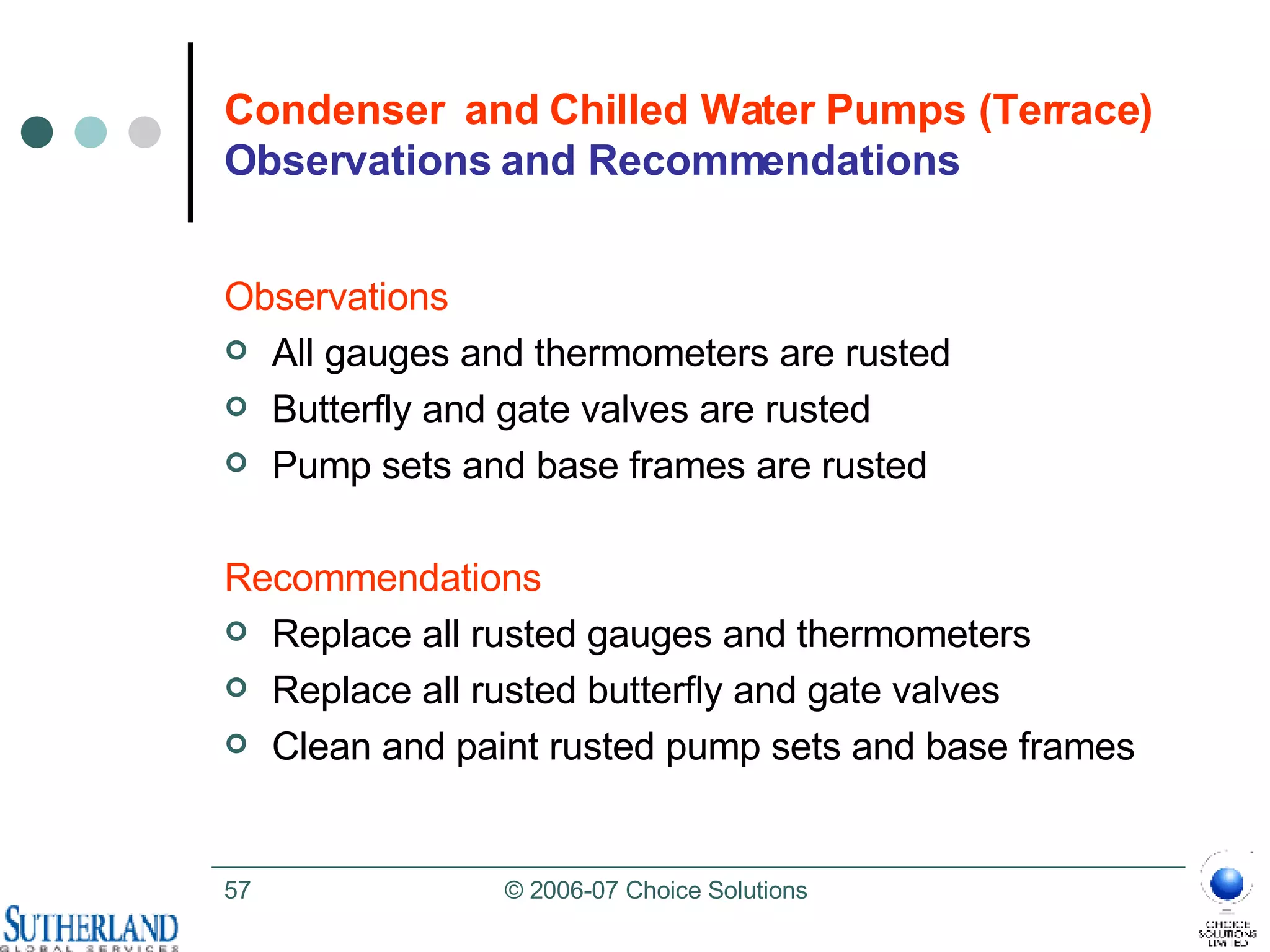 Condenser  and Chilled Water Pumps (Terrace) Observations and Recommendations Observations All gauges and thermometers are rusted Butterfly and gate valves are rusted Pump sets and base frames are rusted Recommendations Replace all rusted gauges and thermometers Replace all rusted butterfly and gate valves  Clean and paint rusted pump sets and base frames 