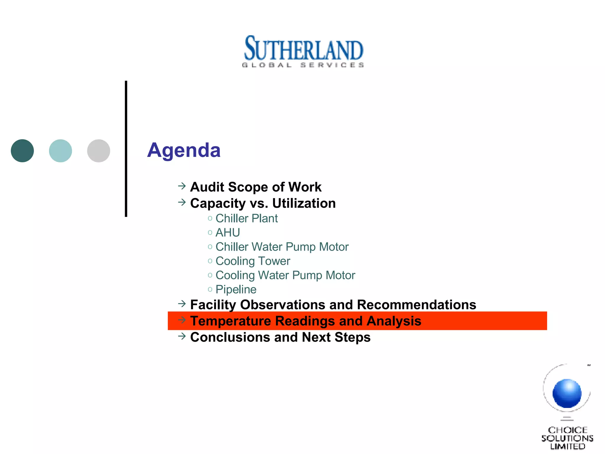 Audit Scope of Work Capacity vs. Utilization Chiller Plant AHU Chiller Water Pump Motor Cooling Tower Cooling Water Pump Motor Pipeline  Facility Observations and Recommendations Temperature Readings and Analysis Conclusions and Next Steps Agenda 