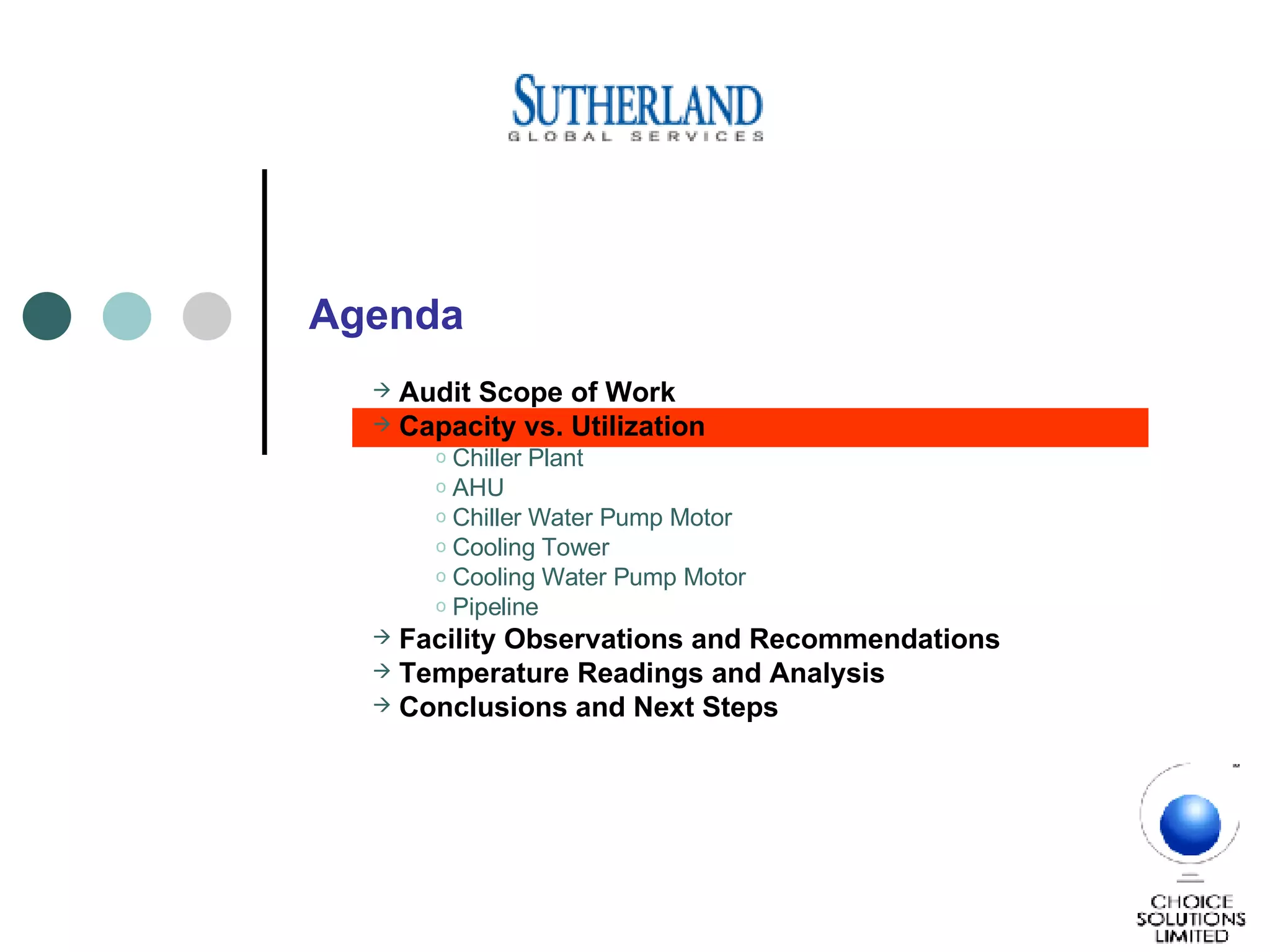 Audit Scope of Work Capacity vs. Utilization Chiller Plant AHU Chiller Water Pump Motor Cooling Tower Cooling Water Pump Motor Pipeline  Facility Observations and Recommendations Temperature Readings and Analysis Conclusions and Next Steps Agenda 