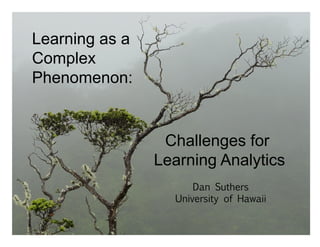 Supported by the National Science Foundation
Challenges for
Learning Analytics
Dan Suthers
University of Hawaii
Learning as a
Complex
Phenomenon:
 