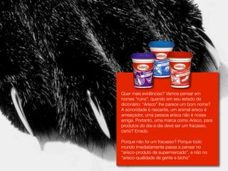 Quer mais evidências? Vamos pensar em
nomes “ruins”, quando em seu estado de
dicionário: “Arisco” lhe parece um bom nome?
A sonoridade é rascante, um animal arisco é
ameaçador, uma pessoa arisca não é nossa
amiga. Portanto, uma marca como Arisco, para
produtos do dia-a-dia deve ser um fracasso,
certo? Errado.

Porque não foi um fracasso? Porque todo
mundo imediatamente passa a pensar no
“arisco-produto de supermercado”, e não no
“arisco-qualidade de gente e bicho”
 