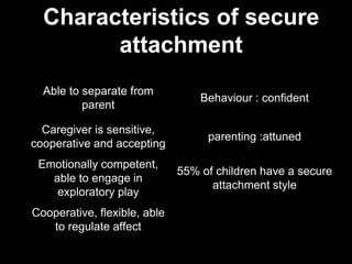 Characteristics of secure
attachment
Able to separate from
parent
Behaviour : confident
Caregiver is sensitive,
cooperative and accepting
parenting :attuned
Emotionally competent,
able to engage in
exploratory play
55% of children have a secure
attachment style
Cooperative, flexible, able
to regulate affect
 