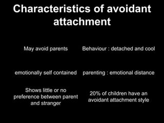 Characteristics of avoidant
attachment
May avoid parents Behaviour : detached and cool
emotionally self contained parenting : emotional distance
Shows little or no
preference between parent
and stranger
20% of children have an
avoidant attachment style
 