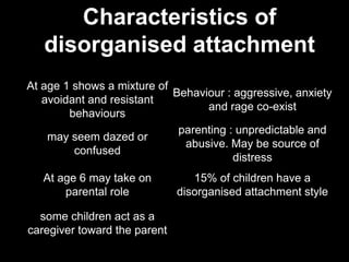 Characteristics of
disorganised attachment
At age 1 shows a mixture of
avoidant and resistant
behaviours
Behaviour : aggressive, anxiety
and rage co-exist
may seem dazed or
confused
parenting : unpredictable and
abusive. May be source of
distress
At age 6 may take on
parental role
15% of children have a
disorganised attachment style
some children act as a
caregiver toward the parent
 
